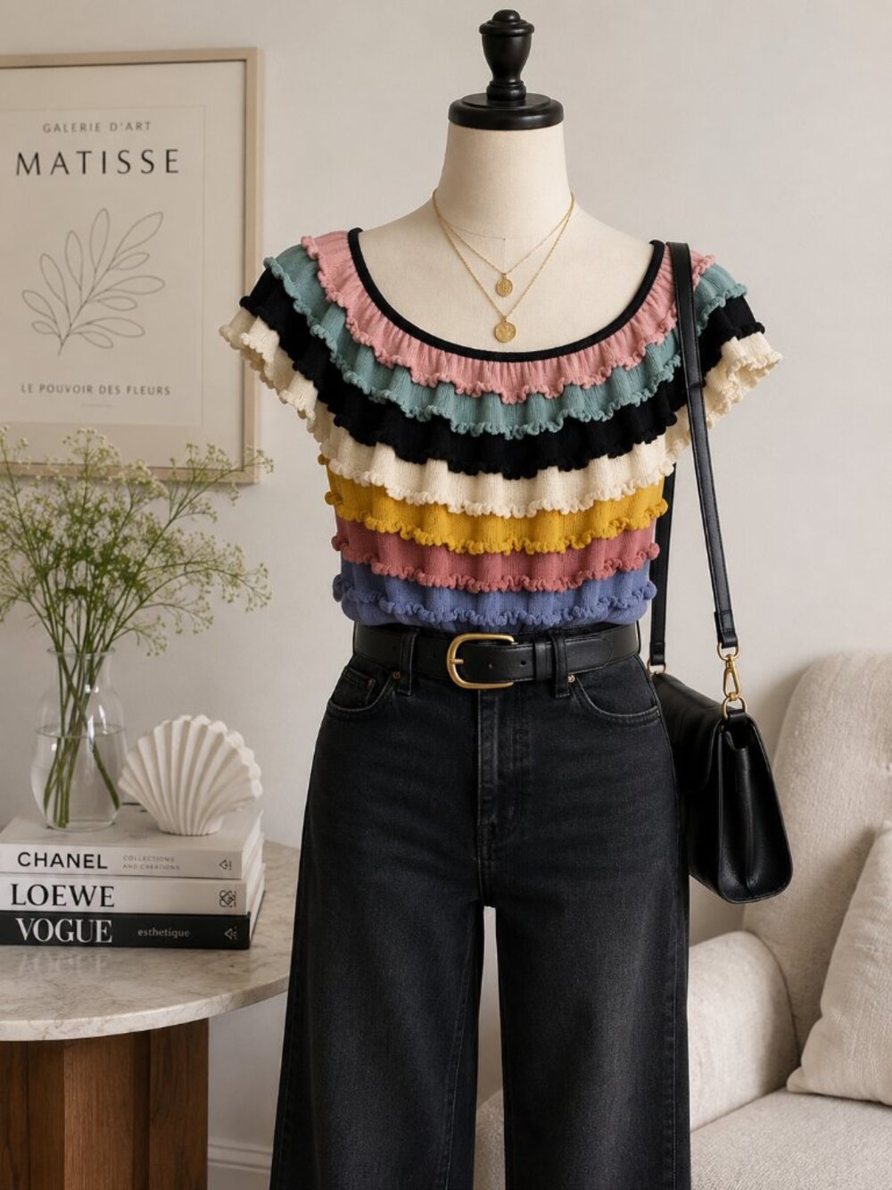 Catherine Malandrino 100% Silk Multicolor Ruffle Knit Top Size Small Y2K Designe